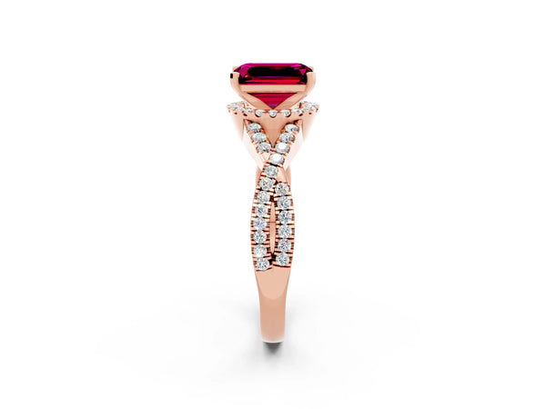 Rose gold Emerald Cut Garnet  Halo Twist Band Solitaire Prong Setting Ring