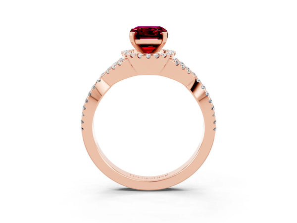 Rose gold Emerald Cut Garnet  Halo Twist Band Solitaire Prong Setting Ring