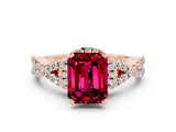 Rose gold Emerald Cut Garnet  Halo Twist Band Solitaire Prong Setting Ring_54