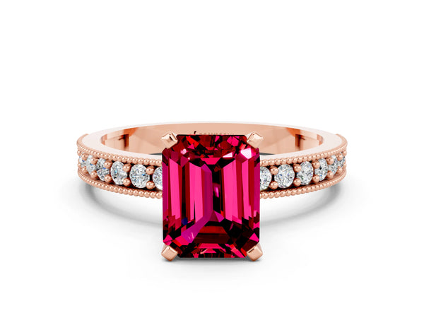 Rose gold Emerald Cut Garnet Milgrain Pavé Engagement Ring with Four-Prong Setting