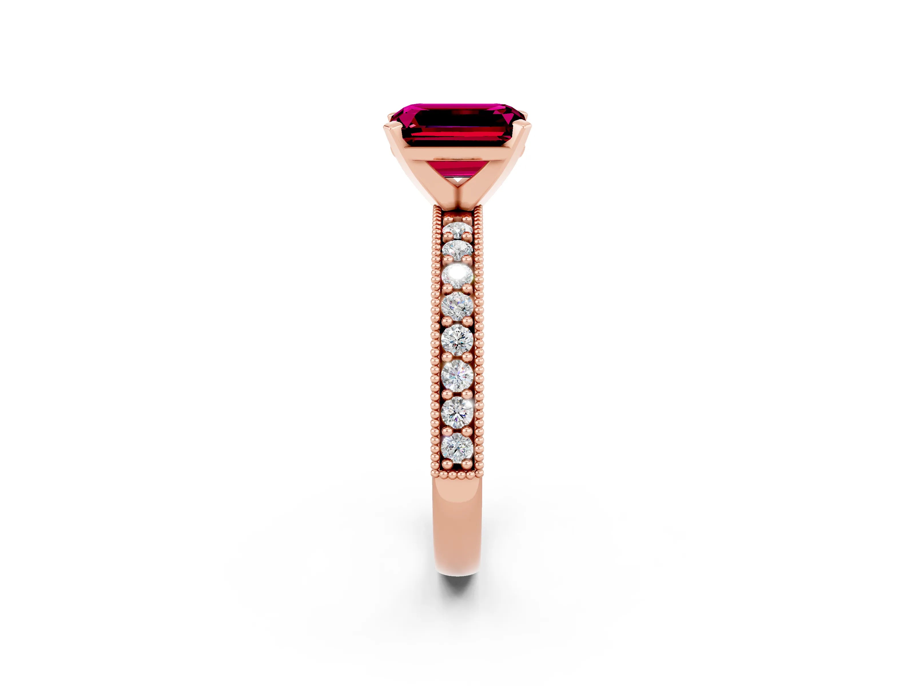 Rose gold Emerald Cut Garnet Milgrain Pavé Engagement Ring with Four-Prong Setting_14