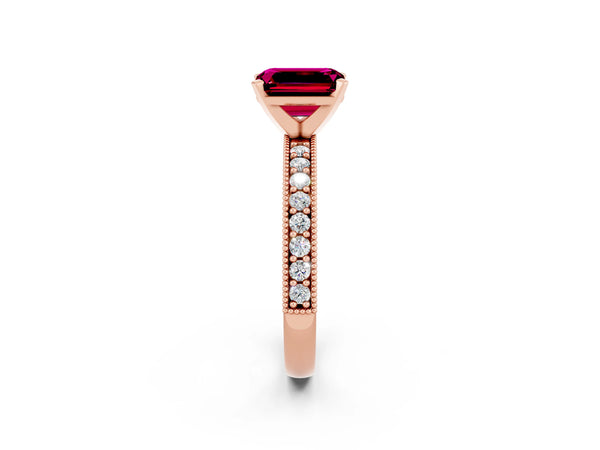 Rose gold Emerald Cut Garnet Milgrain Pavé Engagement Ring with Four-Prong Setting