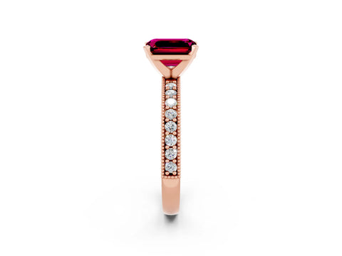Rose gold Emerald Cut Garnet Milgrain Pavé Engagement Ring with Four-Prong Setting_14