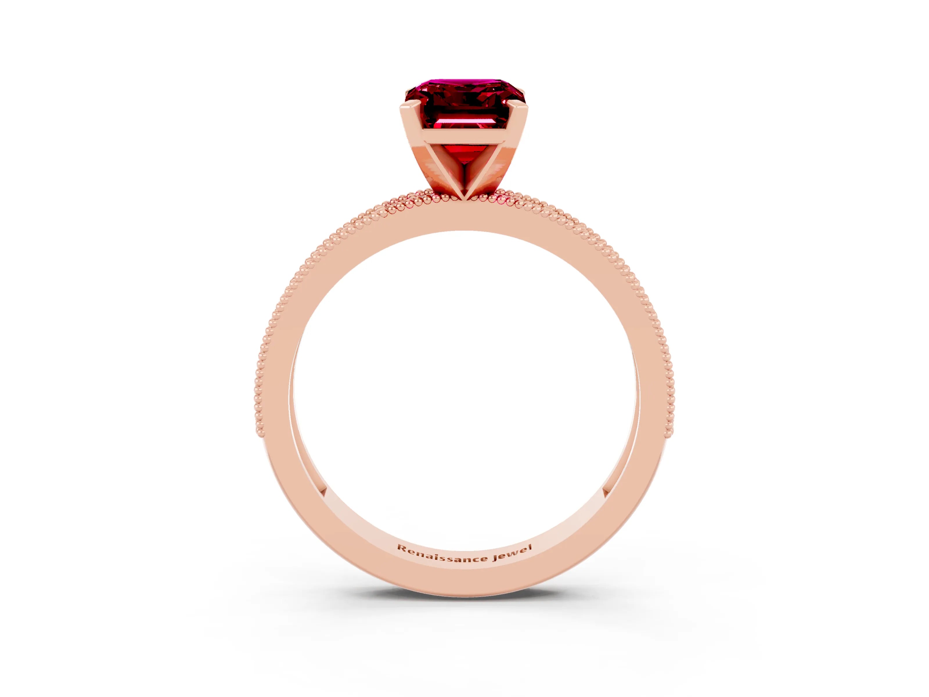 Rose gold Emerald Cut Garnet Milgrain Pavé Engagement Ring with Four-Prong Setting_15