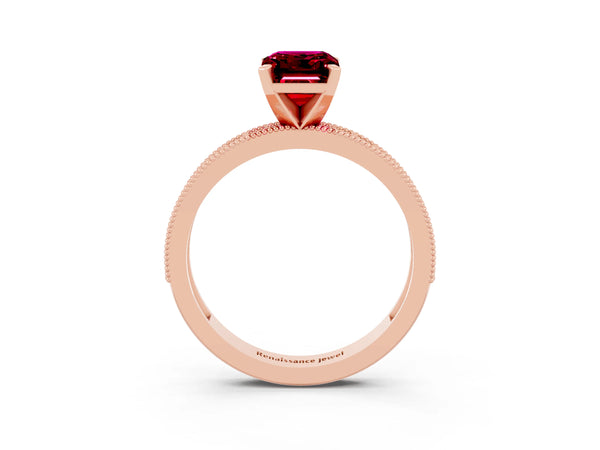 Rose gold Emerald Cut Garnet Milgrain Pavé Engagement Ring with Four-Prong Setting