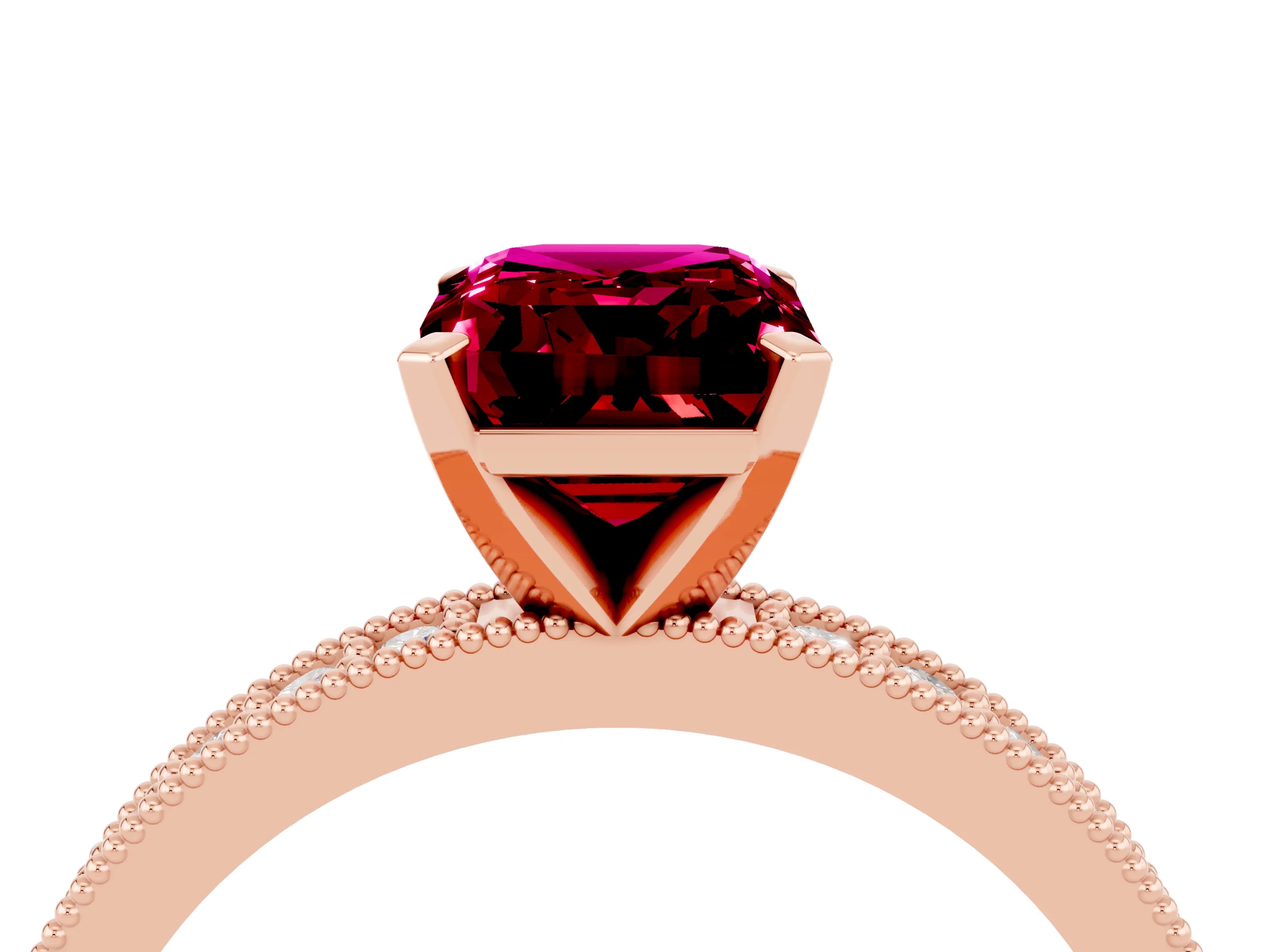 Rose gold Emerald Cut Garnet Milgrain Pavé Engagement Ring with Four-Prong Setting_16