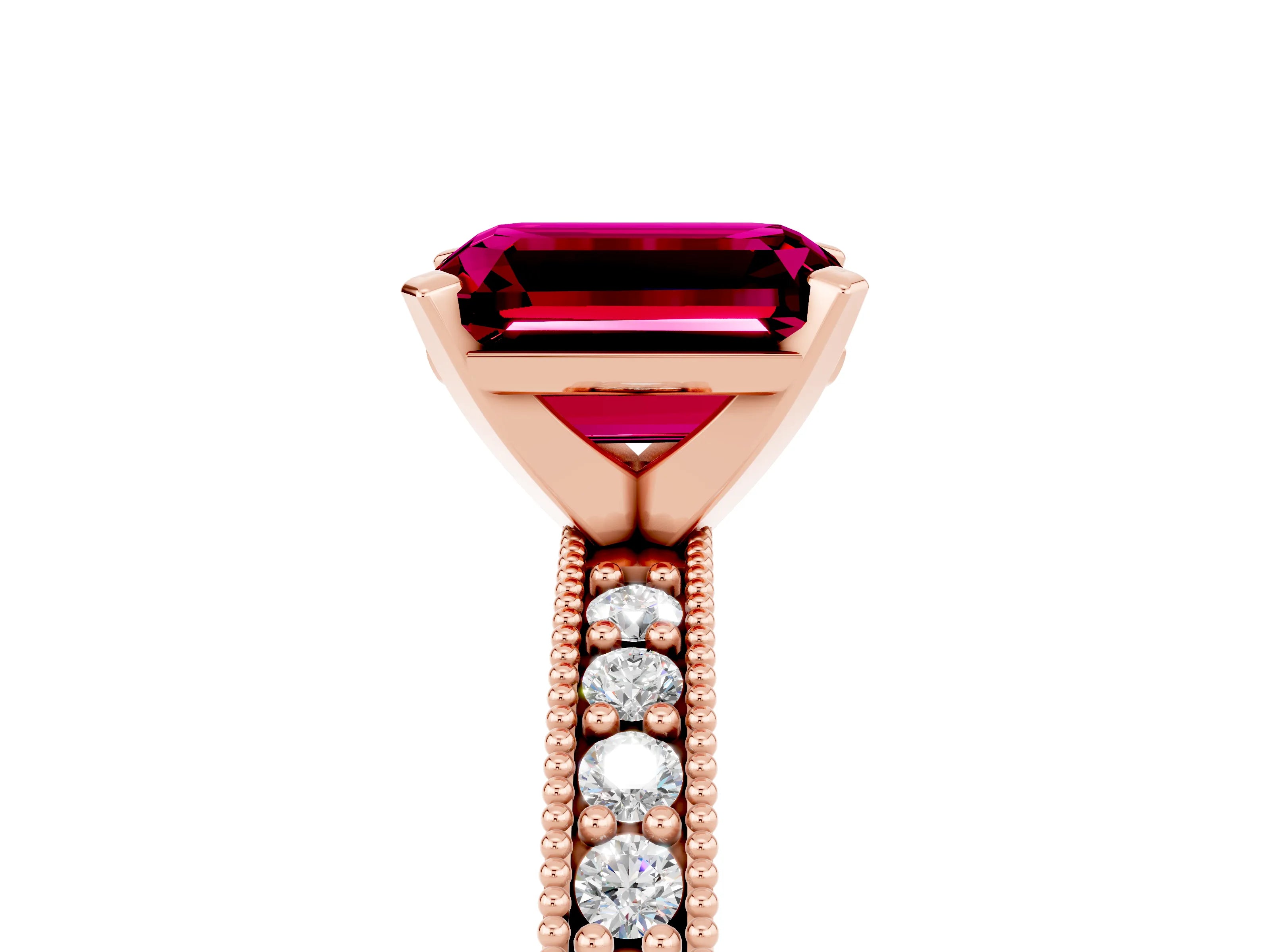Rose gold Emerald Cut Garnet Milgrain Pavé Engagement Ring with Four-Prong Setting_17