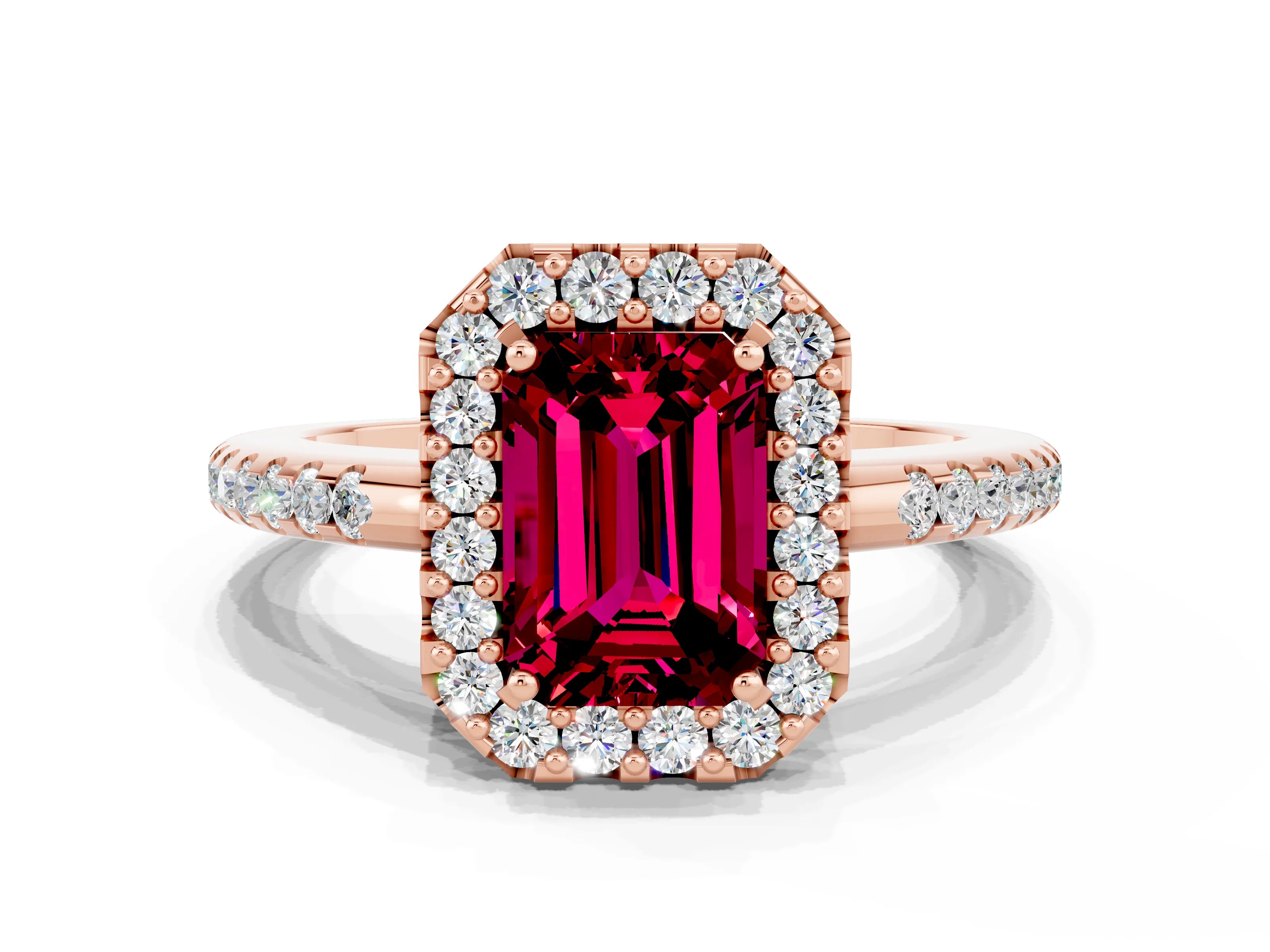 Rose gold Emerald Cut Garnet Pavé Halo Ring with Four-Prong Setting_12