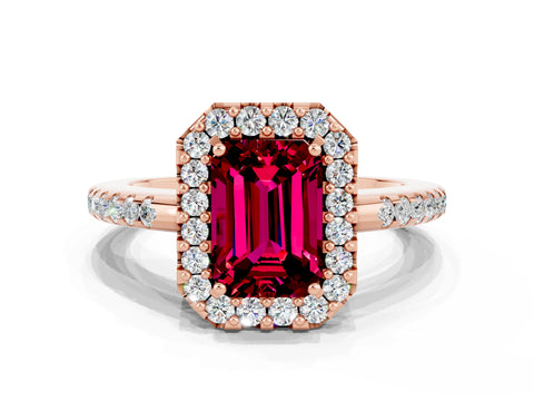 Rose gold Emerald Cut Garnet Pavé Halo Ring with Four-Prong Setting_12