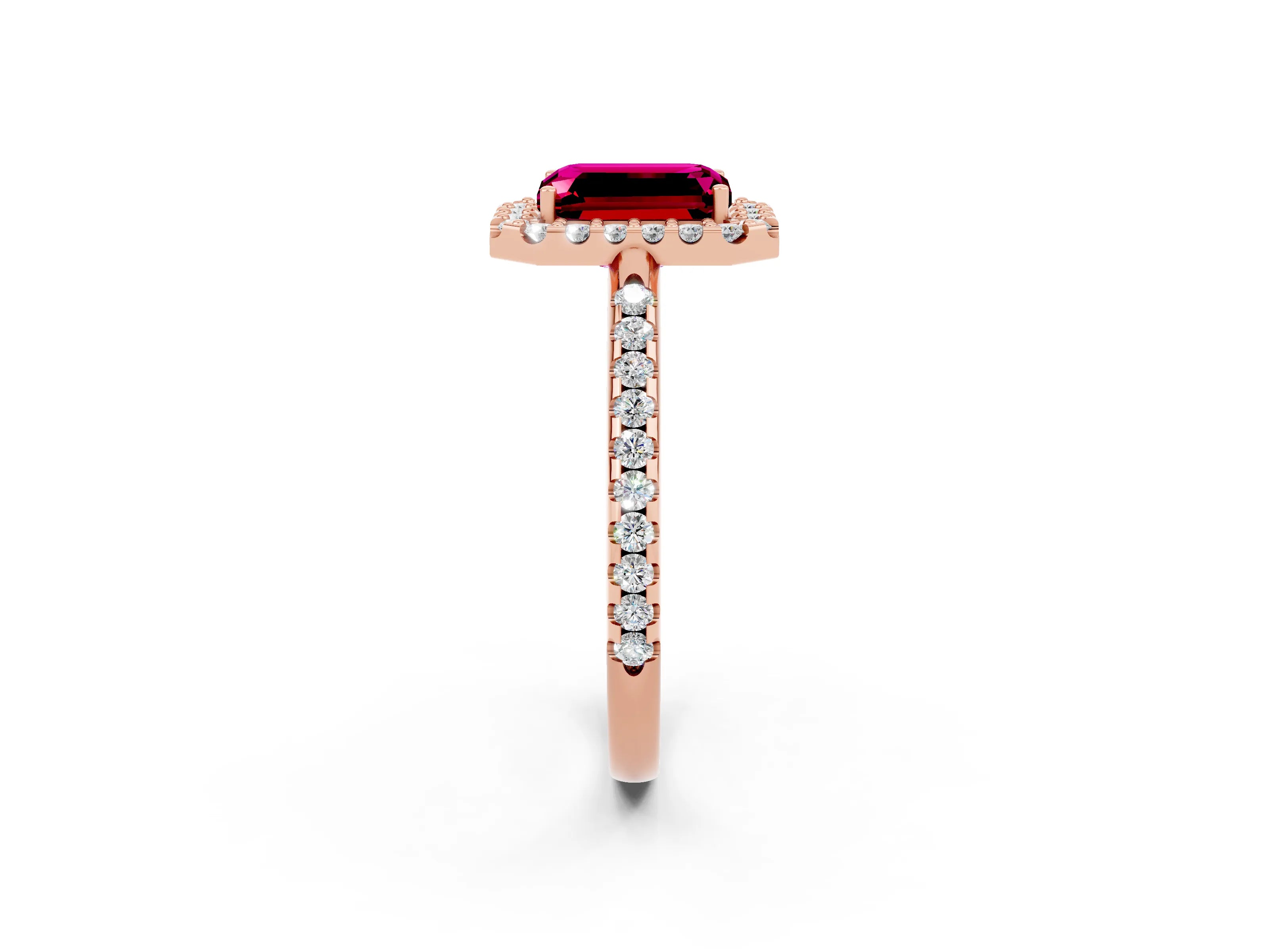 Rose gold Emerald Cut Garnet Pavé Halo Ring with Four-Prong Setting_14