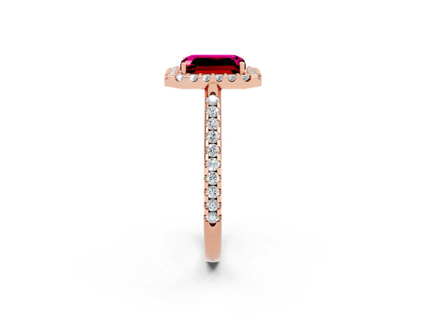 Rose gold Emerald Cut Garnet Pavé Halo Ring with Four-Prong Setting