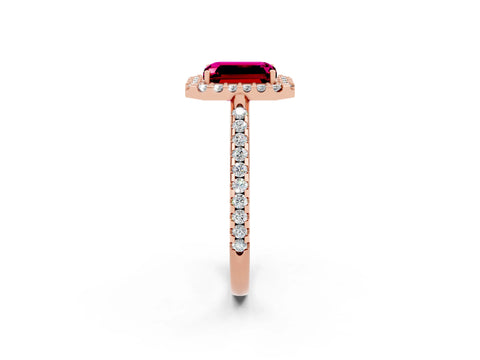 Rose gold Emerald Cut Garnet Pavé Halo Ring with Four-Prong Setting_14