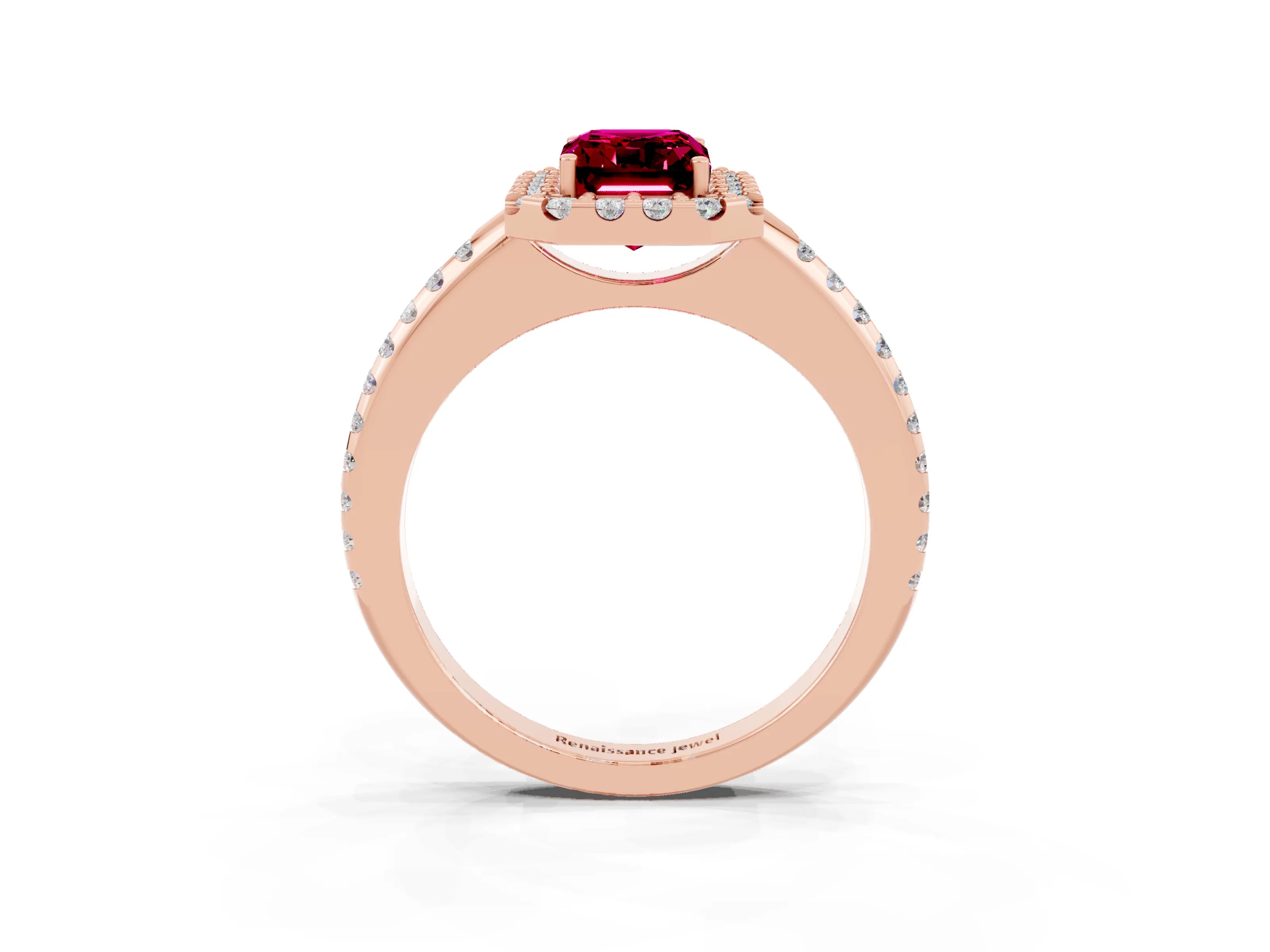Rose gold Emerald Cut Garnet Pavé Halo Ring with Four-Prong Setting_15
