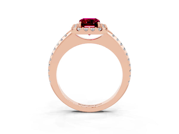 Rose gold Emerald Cut Garnet Pavé Halo Ring with Four-Prong Setting