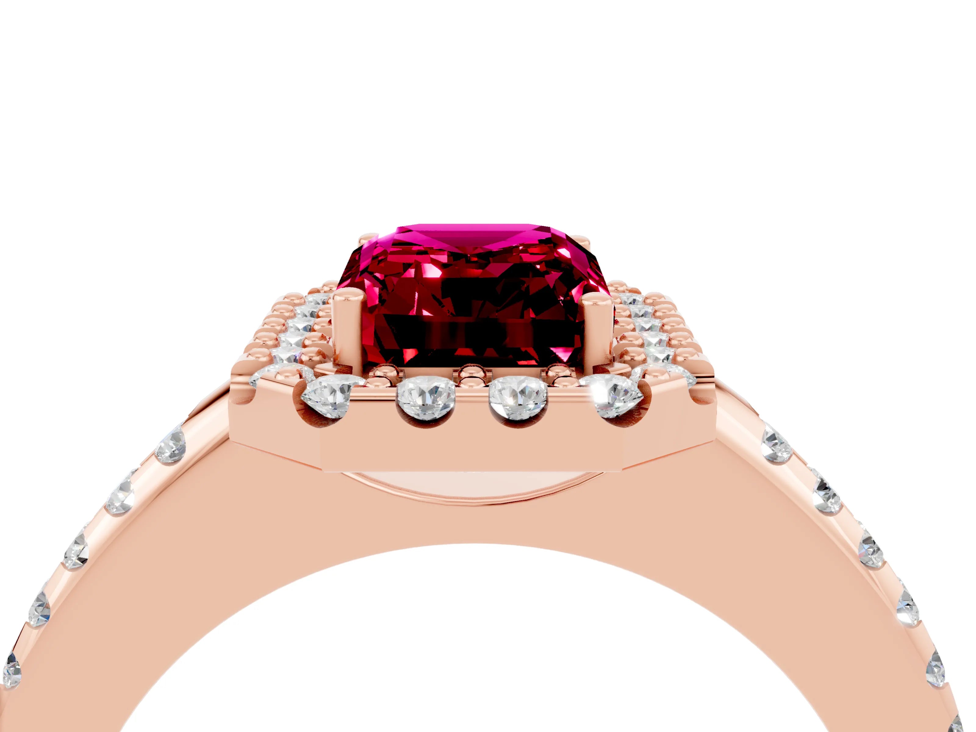 Rose gold Emerald Cut Garnet Pavé Halo Ring with Four-Prong Setting_16