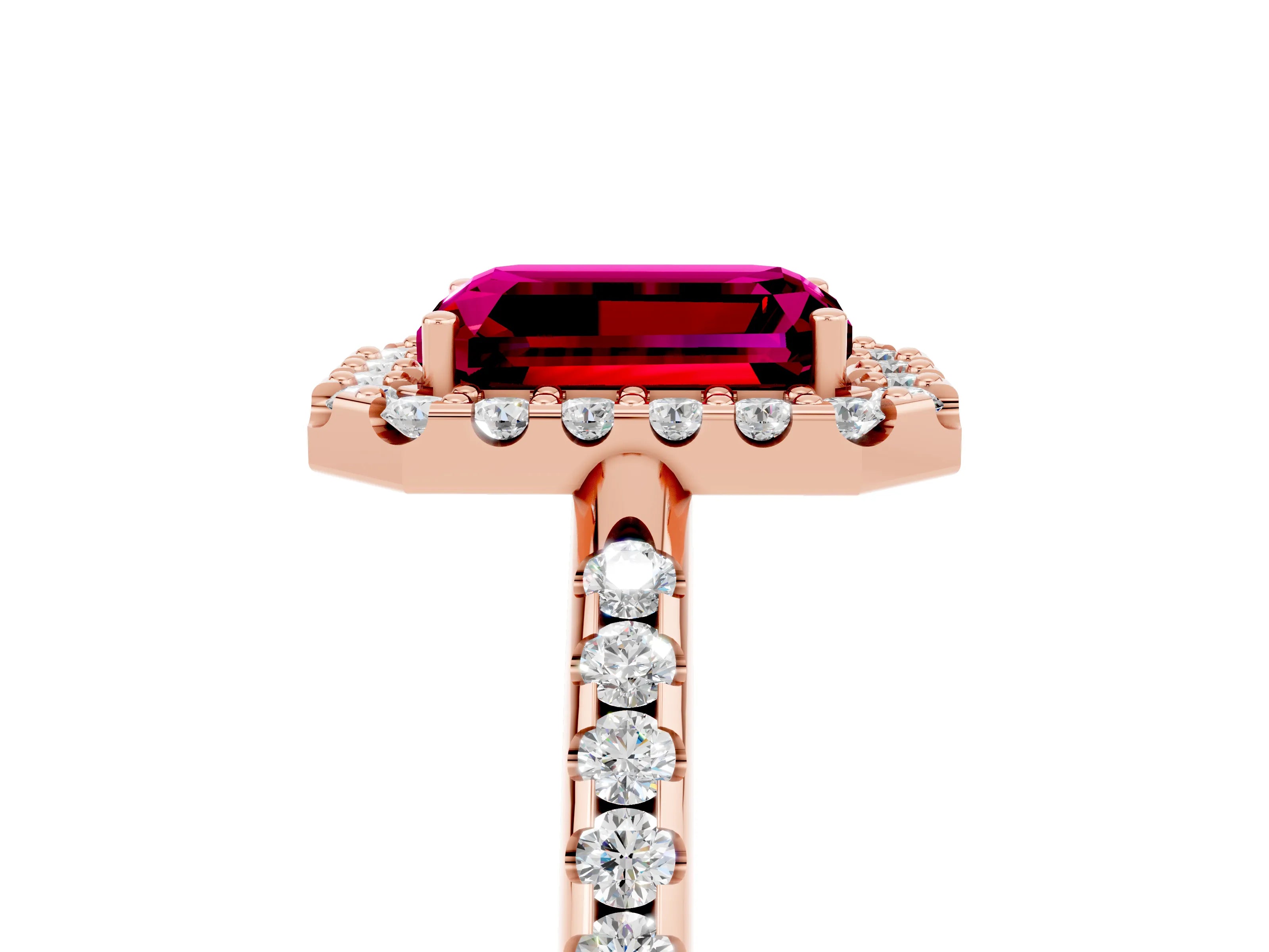 Rose gold Emerald Cut Garnet Pavé Halo Ring with Four-Prong Setting_17