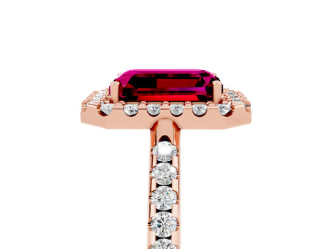 Rose gold Emerald Cut Garnet Pavé Halo Ring with Four-Prong Setting_17