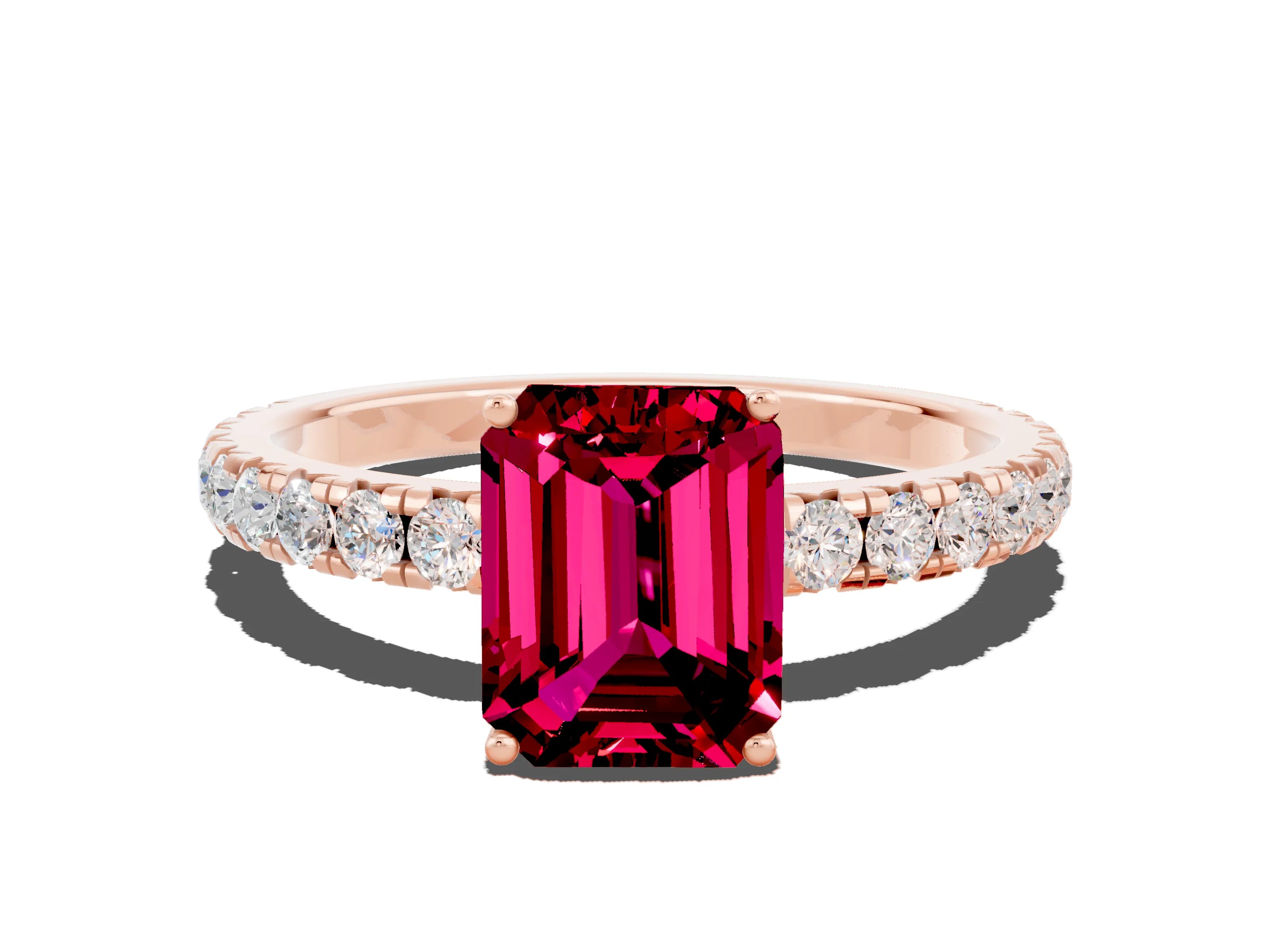 Rose gold Emerald Cut Garnet Pavé Solitaire Engagement Ring with Four-Prong Setting_12
