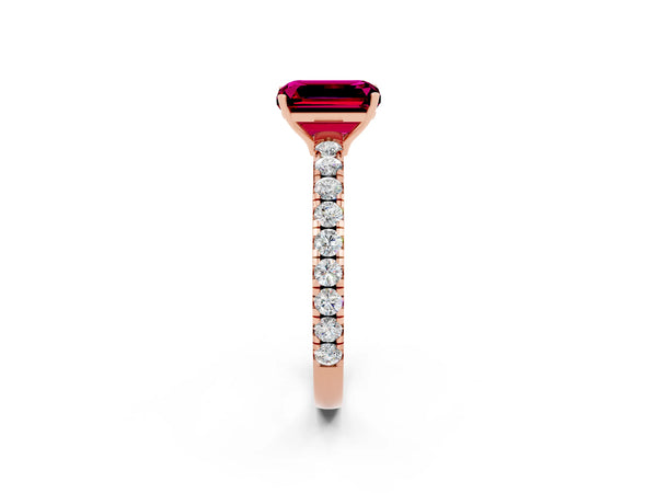 Rose gold Emerald Cut Garnet Pavé Solitaire Engagement Ring with Four-Prong Setting