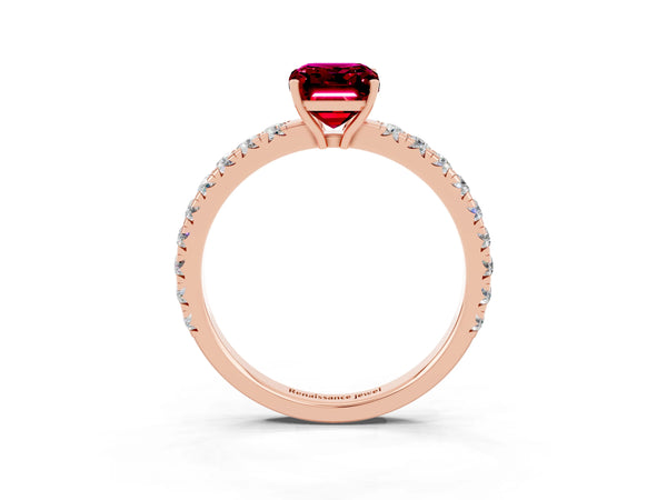 Rose gold Emerald Cut Garnet Pavé Solitaire Engagement Ring with Four-Prong Setting