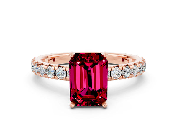 Rose gold Emerald Cut Garnet Pavé Solitaire Ring with Round Band and Prong Setting