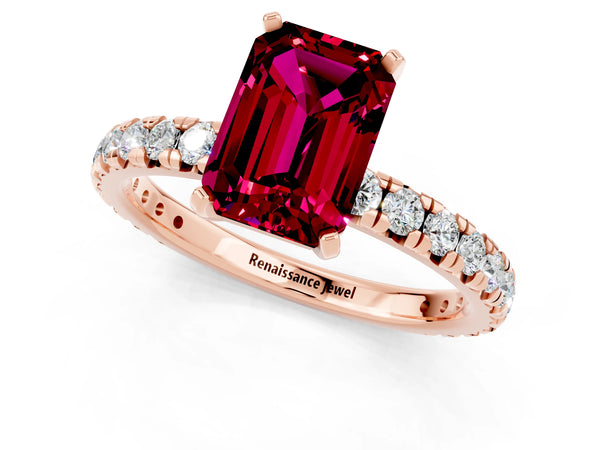 Rose gold Emerald Cut Garnet Pavé Solitaire Ring with Round Band and Prong Setting