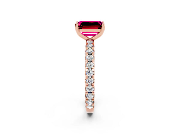 Rose gold Emerald Cut Garnet Pavé Solitaire Ring with Round Band and Prong Setting