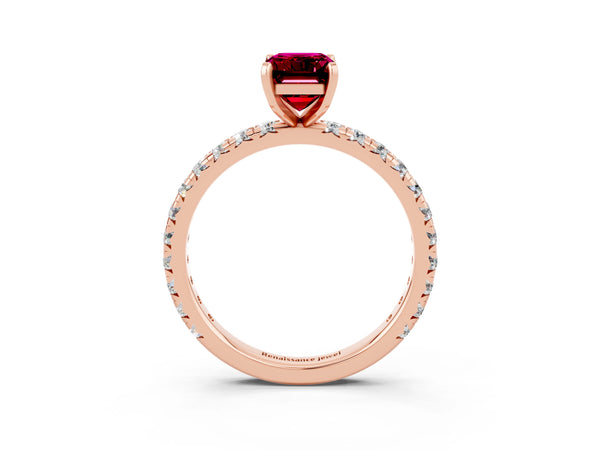 Rose gold Emerald Cut Garnet Pavé Solitaire Ring with Round Band and Prong Setting