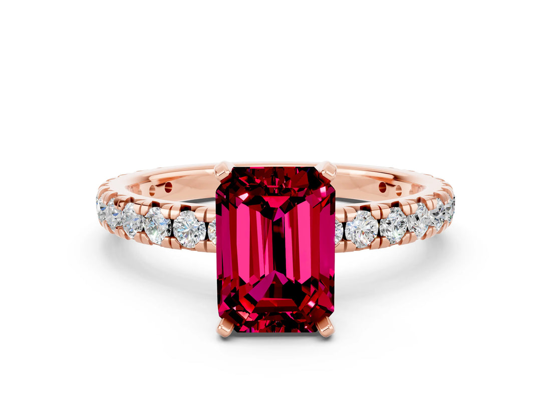 Rose gold Emerald Cut Garnet Pavé Solitaire Ring with Round Band and Prong Setting_24