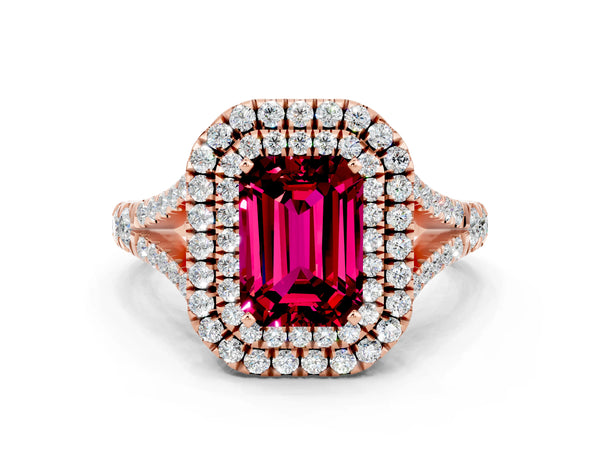 Rose gold Emerald Cut Garnet Pavé Split Shank Double Halo Engagement Ring