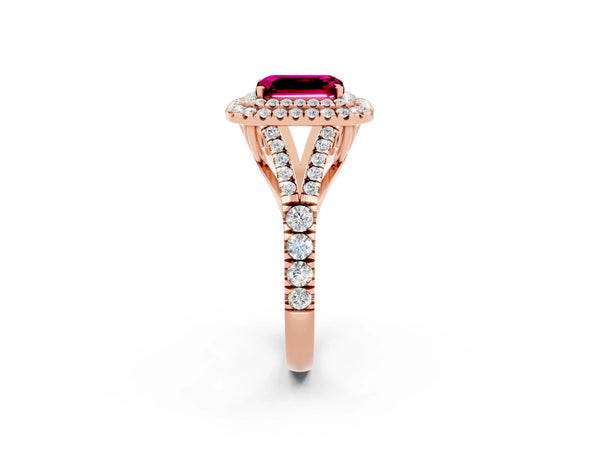 Rose gold Emerald Cut Garnet Pavé Split Shank Double Halo Engagement Ring