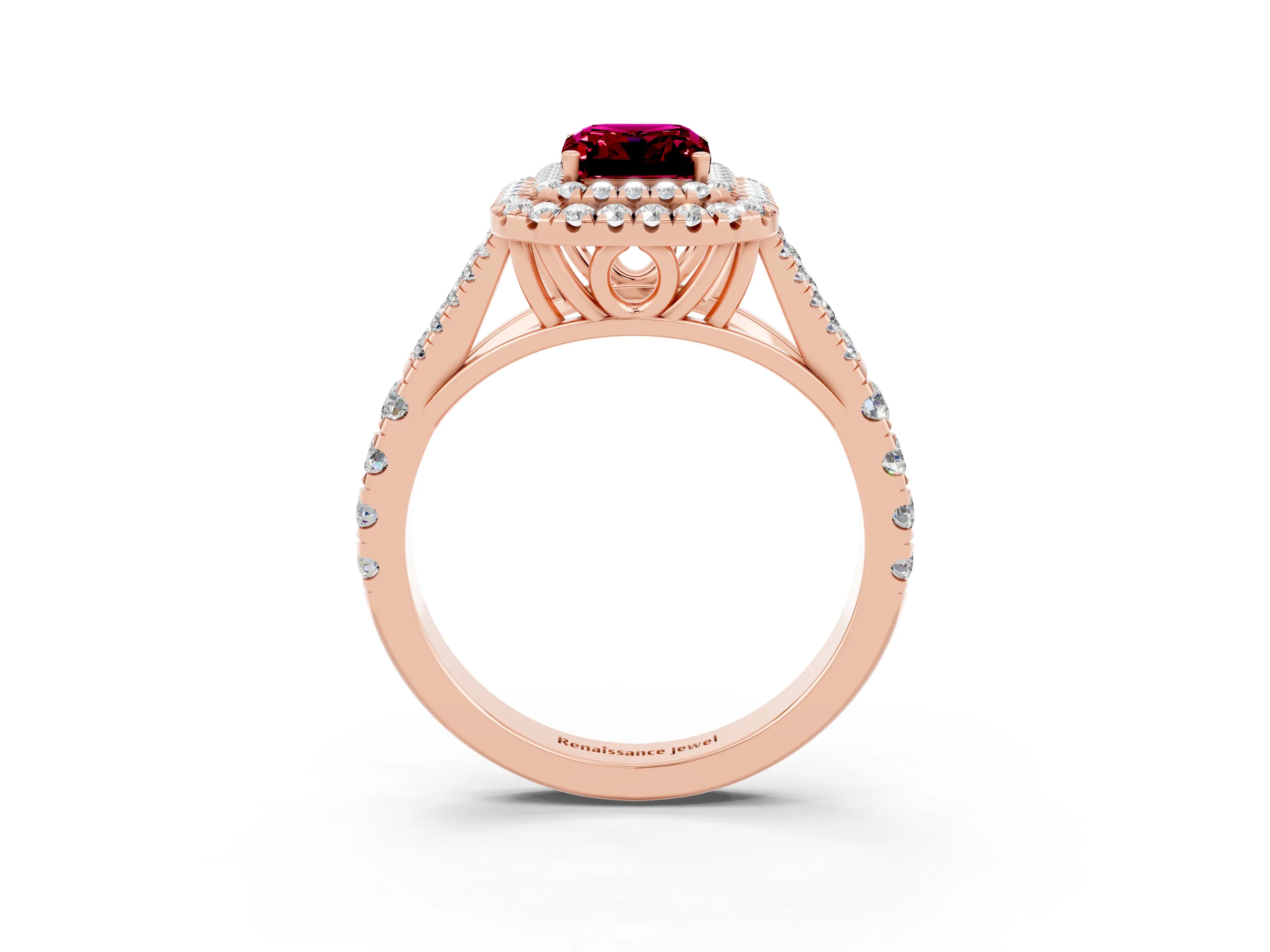 Rose gold Emerald Cut Garnet Pavé Split Shank Double Halo Engagement Ring_3