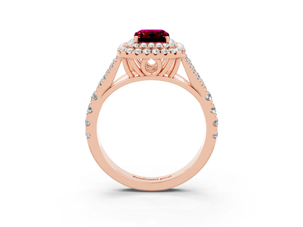 Rose gold Emerald Cut Garnet Pavé Split Shank Double Halo Engagement Ring