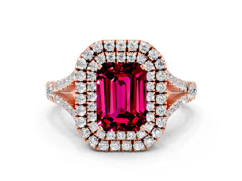 Rose gold Emerald Cut Garnet Pavé Split Shank Double Halo Engagement Ring