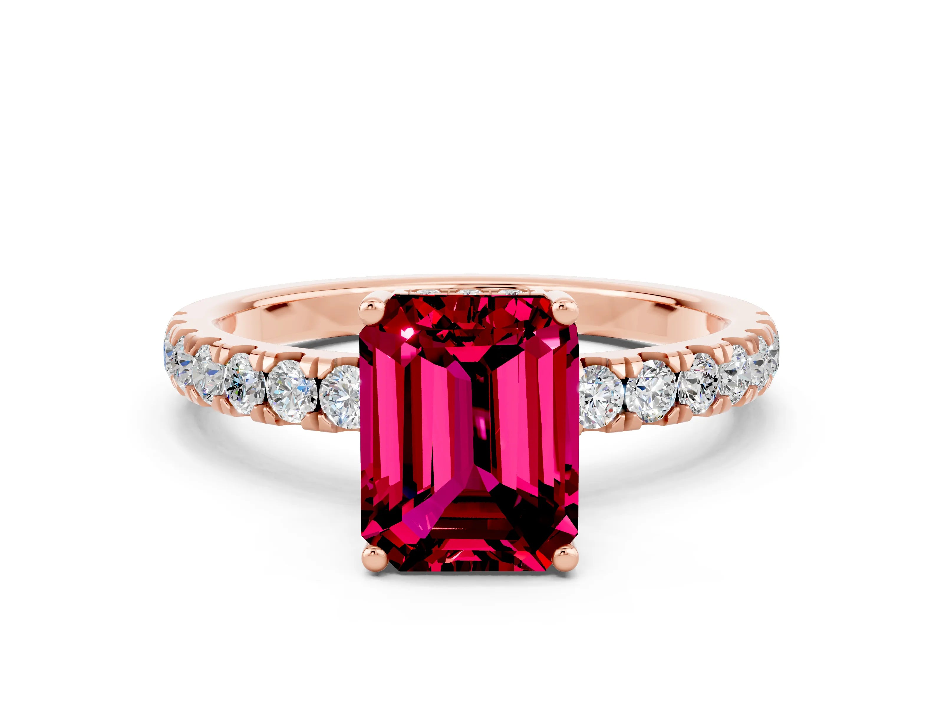 Rose gold Emerald Cut Garnet Pave Band Solitaire Ring with Four-Prong Setting_24