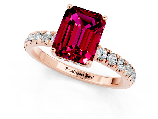 Rose gold Emerald Cut Garnet Pave Band Solitaire Ring with Round  and Prong Setting