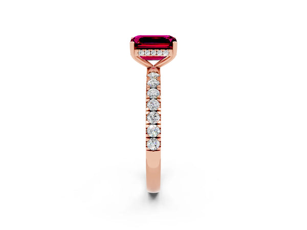 Rose gold Emerald Cut Garnet Pave Band Solitaire Ring with Round  and Prong Setting