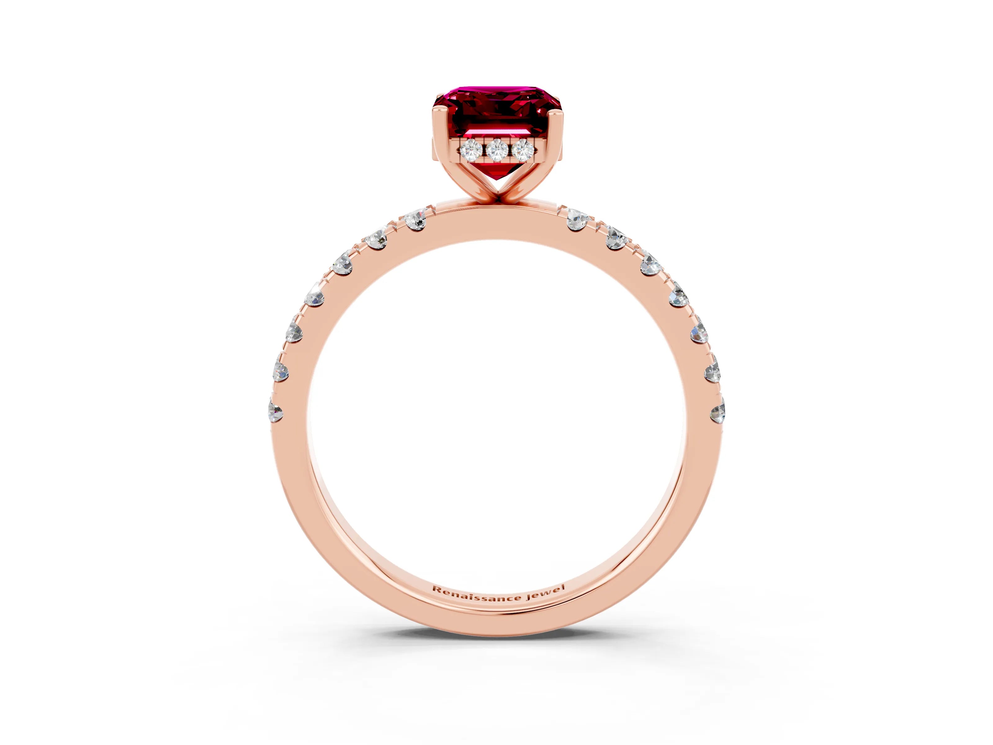 Rose gold Emerald Cut Garnet Pave Band Solitaire Ring with Four-Prong Setting_27