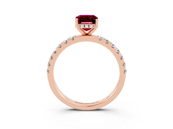 Rose gold Emerald Cut Garnet Pave Band Solitaire Ring with Round  and Prong Setting