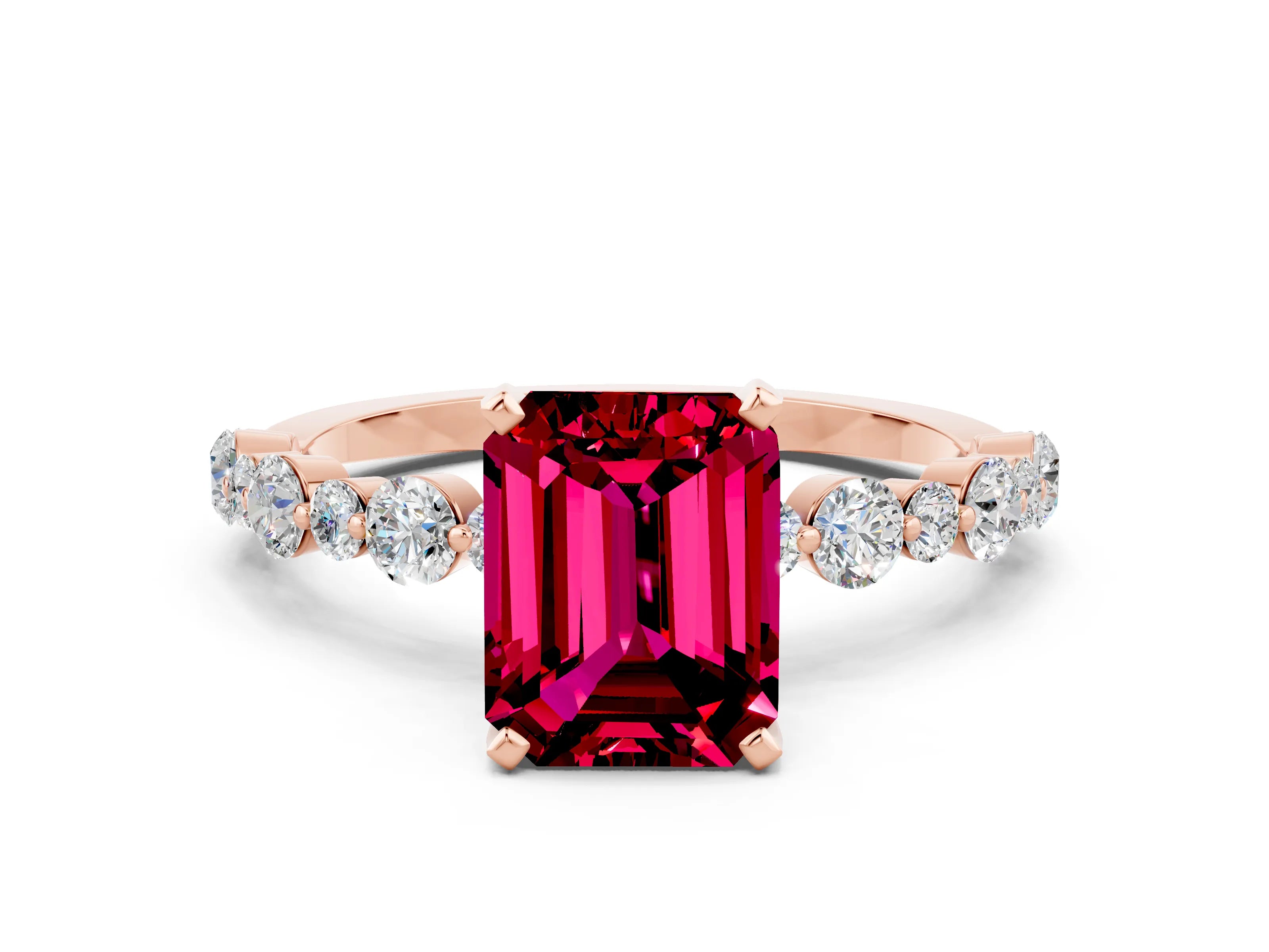 Rose gold Emerald Cut Garnet Prong Set Engagement Ring with Pavé Band