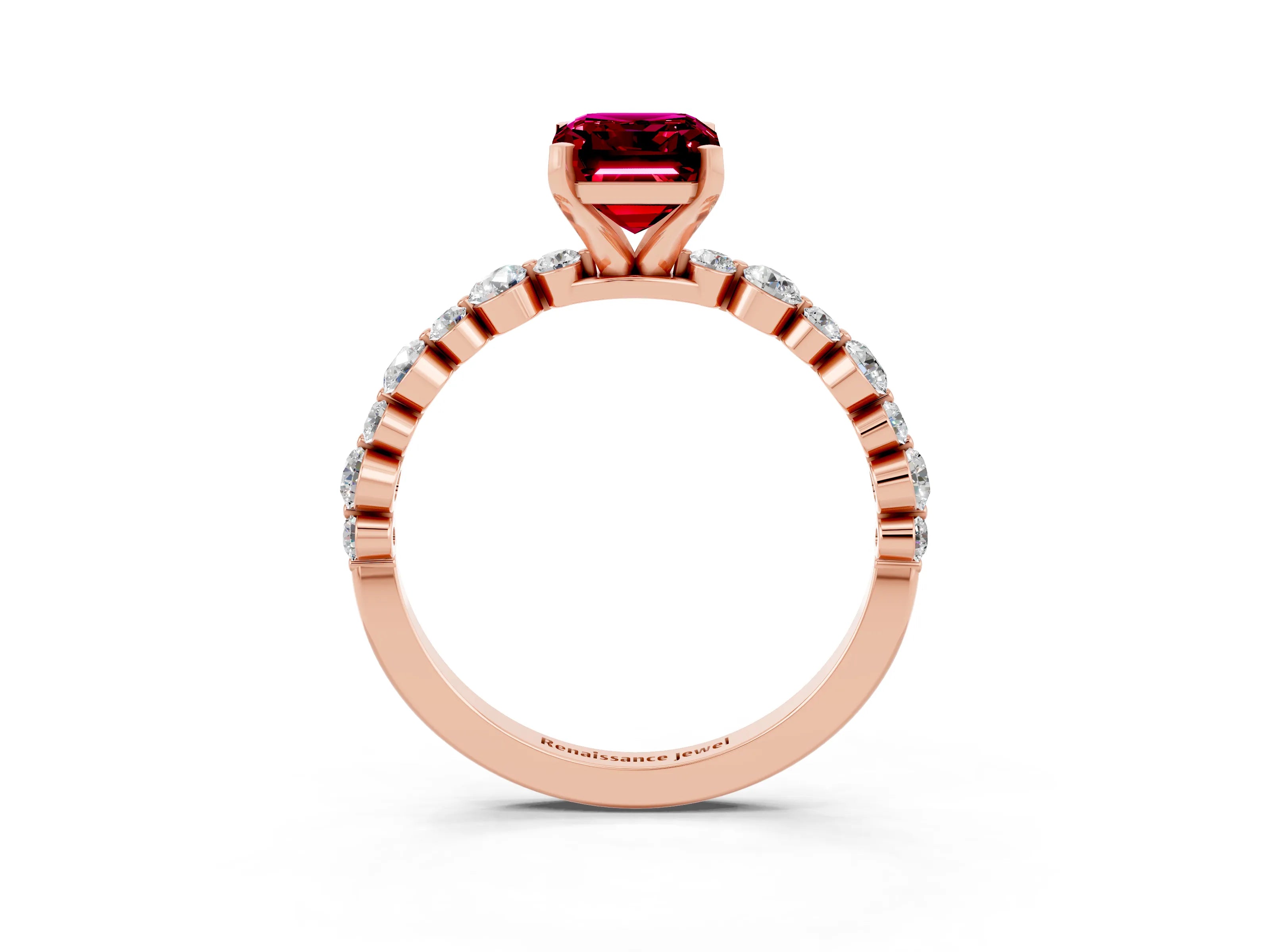 Rose gold Emerald Cut Garnet Prong Set Engagement Ring with Pavé Band_3