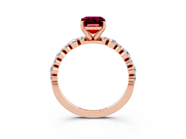 Rose gold Emerald Cut Garnet Prong Set Engagement Ring with Pavé Band