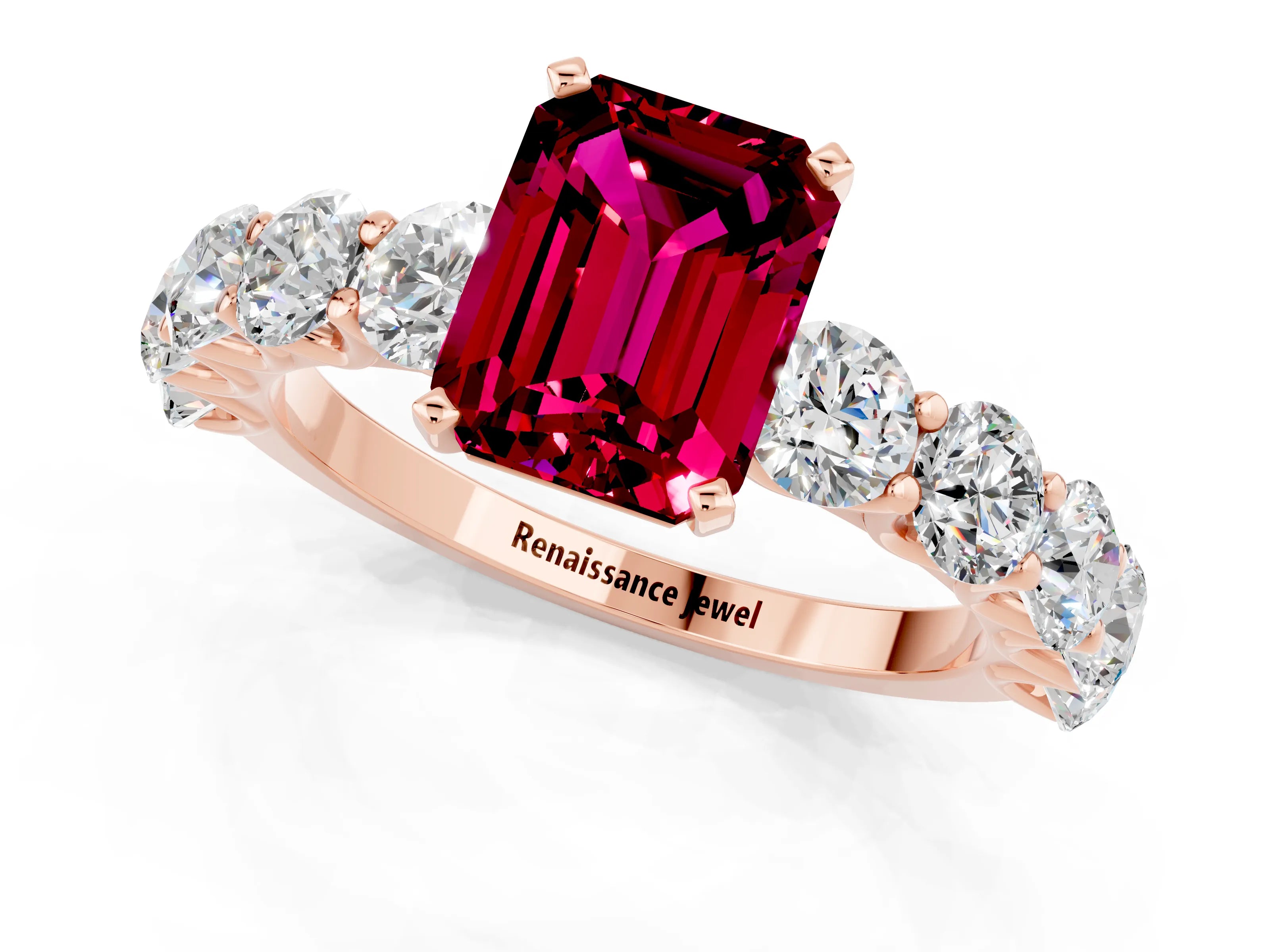 Rose gold Emerald Cut Garnet Prong Setting with Side Stones on a Pave Band_1