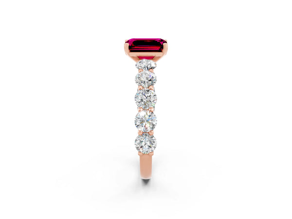 Rose gold Emerald Cut Garnet Prong Setting with Side Stones on a Pave Band