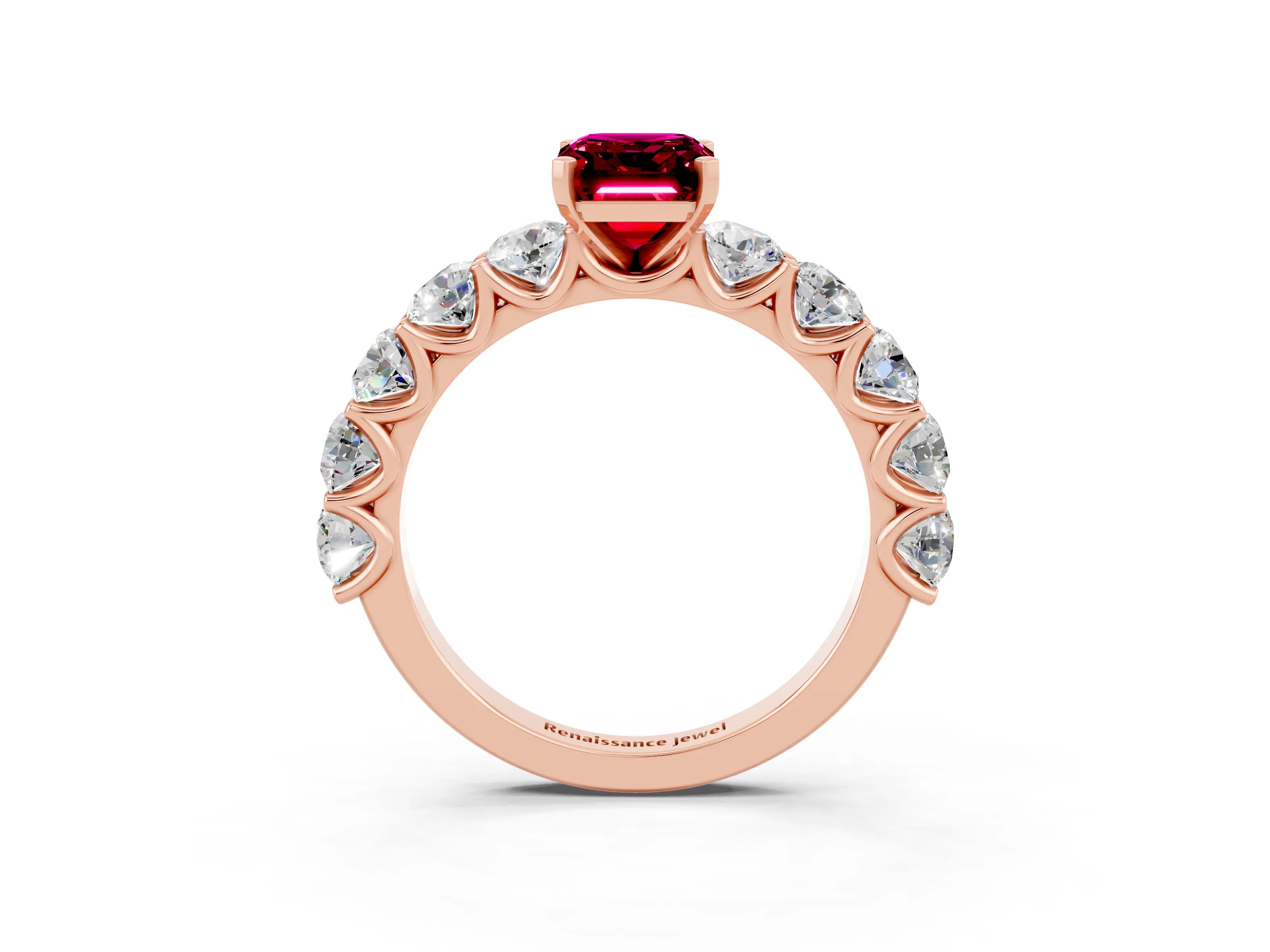 Rose gold Emerald Cut Garnet Prong Setting with Side Stones on a Pave Band_3