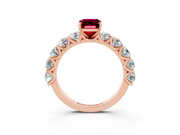 Rose gold Emerald Cut Garnet Prong Setting with Side Stones on a Pave Band