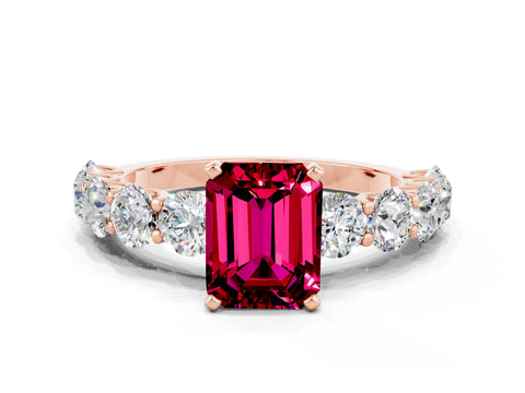 Rose gold Emerald Cut Garnet Prong Setting with Side Stones on a Pave Band