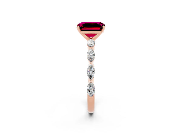 Rose gold Emerald Cut Garnet Ring with Marquise Side Stones and Prong Setting