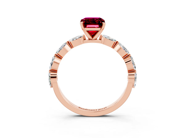 Rose gold Emerald Cut Garnet Ring with Marquise Side Stones and Prong Setting
