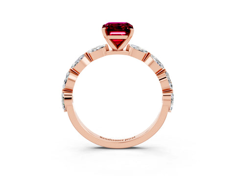 Rose gold Emerald Cut Garnet Ring with Marquise Side Stones and Prong Setting_3